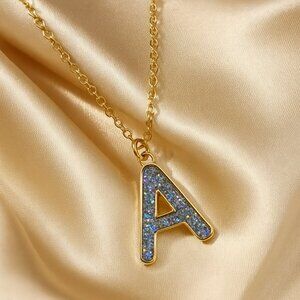 Gold Initial “A” Pendant Necklace – Sparkling Blue Glitter Letter Charm Jewelry
